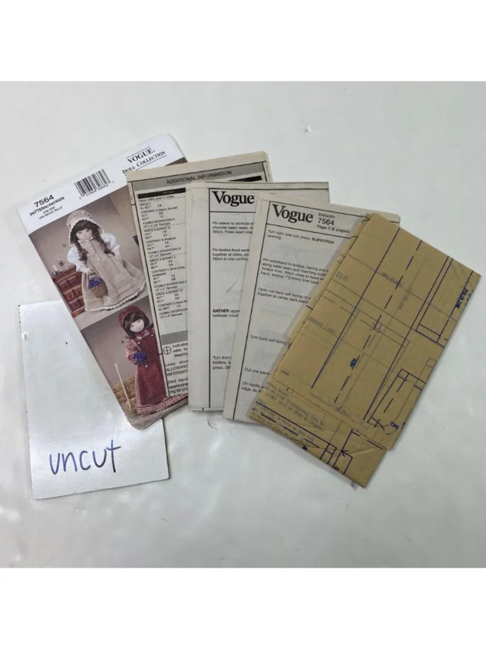 Vogue Sewing Pattern 7564 18 Inch Doll Clothes Prairie Gown Bonnet Uncut Vintage